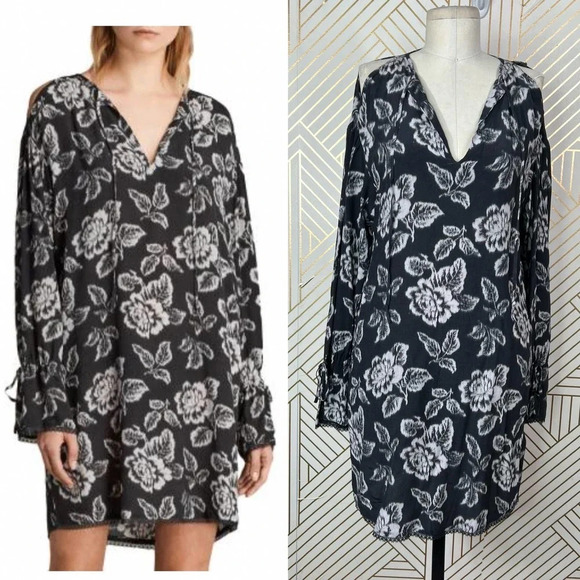 AllSaints Aster Kasuri Dress Long Sleeve Floral Print Black Gray‎ Size Small - Picture 1 of 12